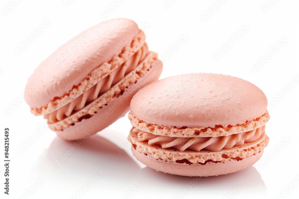 Close-up of a pink macarons with creamy filling on a white background. Concept of dessert, pastry, and French cuisine. Close-up of a pink macarons with creamy filling on a white background. Concept of dessert, pastry, and French cuisine.