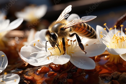 Close of a bee eating white flower pollen in the field, generative IA photo