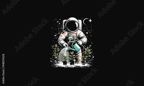 astronaut watering the plants vector illustration artwork design