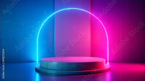 Flat stone pedestal in pink blue neon light template banner background. Minimalism concept, empty podium display product, presentation scene