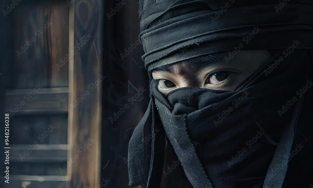 Close-up of a ninja's eyes, partially obscured by a black mask. The intense gaze creates a sense of focus and stealth in a dark environment. Generative by AI Close-up of a ninja's eyes, partially obscured by a black mask. The intense gaze creates a sense of focus and stealth in a dark environment. Generative by AI