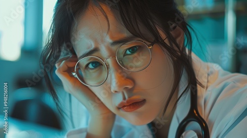 Female professional experiencing headache, stress, or burnout in workplace related to mental health issues. Overworked healthcare worker feeling frustrated and mentally drained