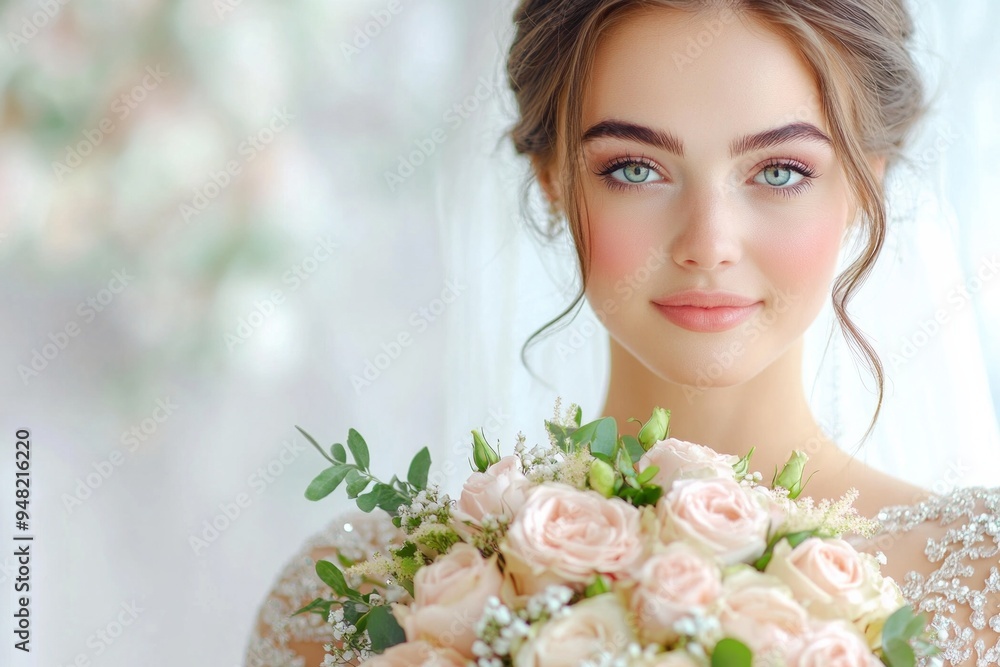 A young Caucasian bride, around 18-20 years old, holding a bouquet of soft pink roses. A young Caucasian bride, around 18-20 years old, holding a bouquet of soft pink roses.