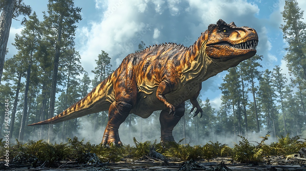 A Tyrannosaurus Rex prowls through a foggy forest, surrounded by ancient trees. A Tyrannosaurus Rex prowls through a foggy forest, surrounded by ancient trees.