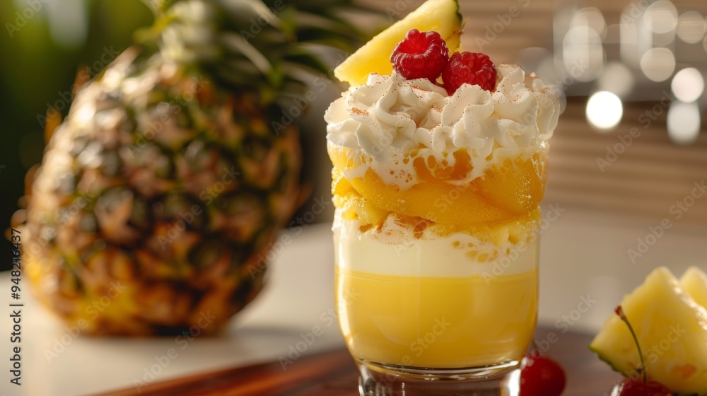A delightful dessert in a glass featuring layers of pineapple, whipped cream, mango slices, and topped with raspberries and a pineapple wedge, with a pineapple in the background. A delightful dessert in a glass featuring layers of pineapple, whipped cream, mango slices, and topped with raspberries and a pineapple wedge, with a pineapple in the background.