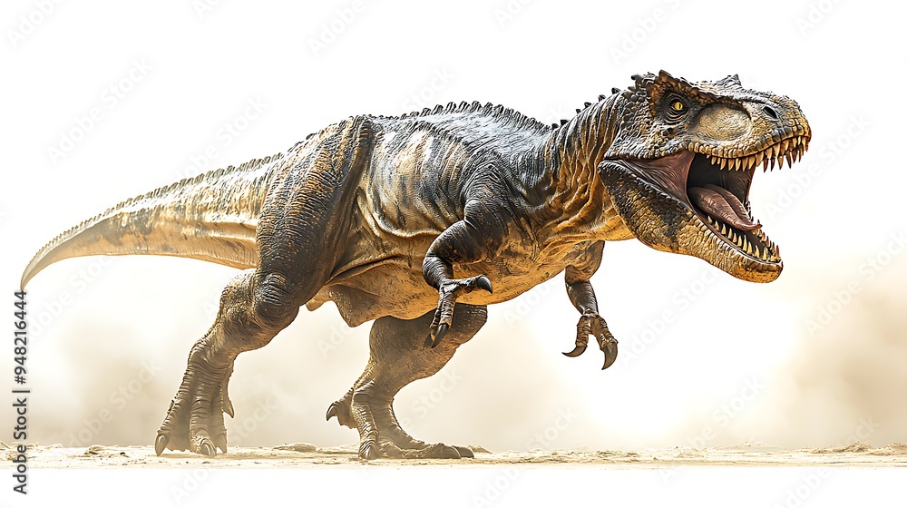 Obraz premium A roaring Tyrannosaurus Rex, isolated against a clean white background, showcasing its fierce nature.