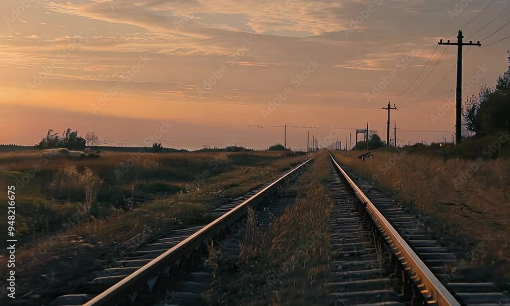 Railway tracks leading into the sunset, with the sky painted in warm colors. The tracks are surrounded by tall grass and power lines, creating a serene and peaceful atmosphere. Generative by AI Railway tracks leading into the sunset, with the sky painted in warm colors. The tracks are surrounded by tall grass and power lines, creating a serene and peaceful atmosphere. Generative by AI