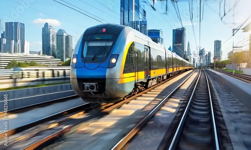 High-speed modern train moving through an urban cityscape with tall buildings in the background. The train is captured in motion, indicating rapid transportation in a metropolitan area. Generative AI