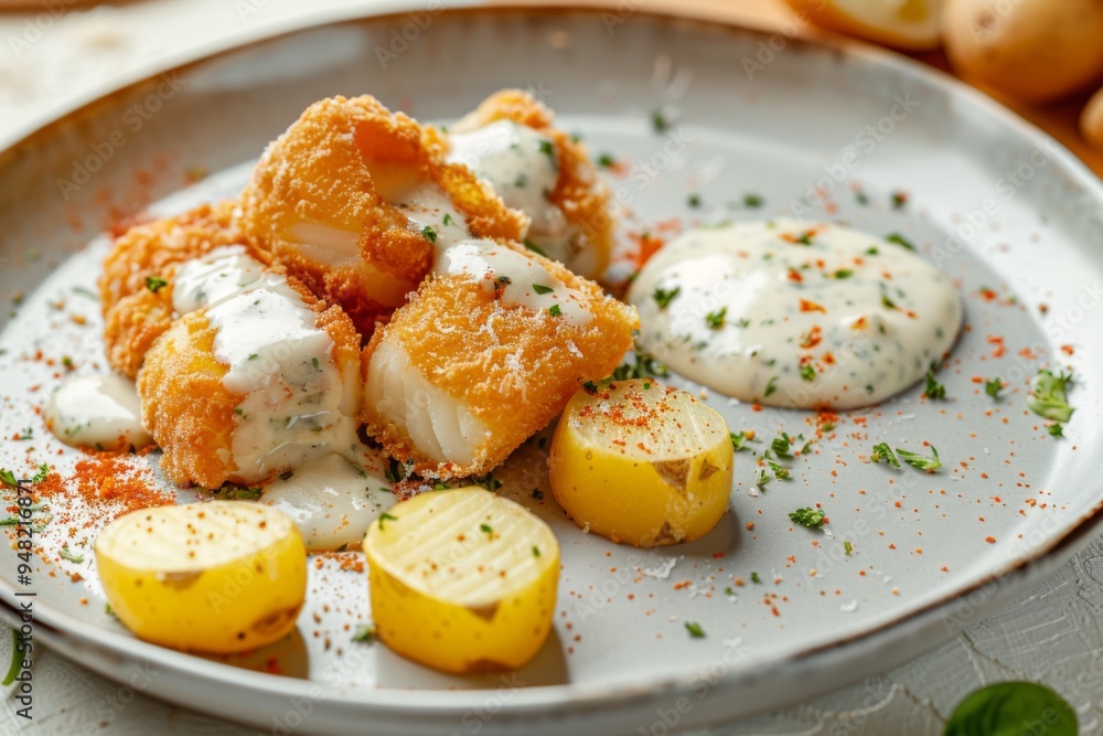 A delicious plate of crispy fried fish topped with a creamy sauce, accompanied by seasoned baby potatoes, seasoned with fresh herbs, presented on a modern dish. A delicious plate of crispy fried fish topped with a creamy sauce, accompanied by seasoned baby potatoes, seasoned with fresh herbs, presented on a modern dish.