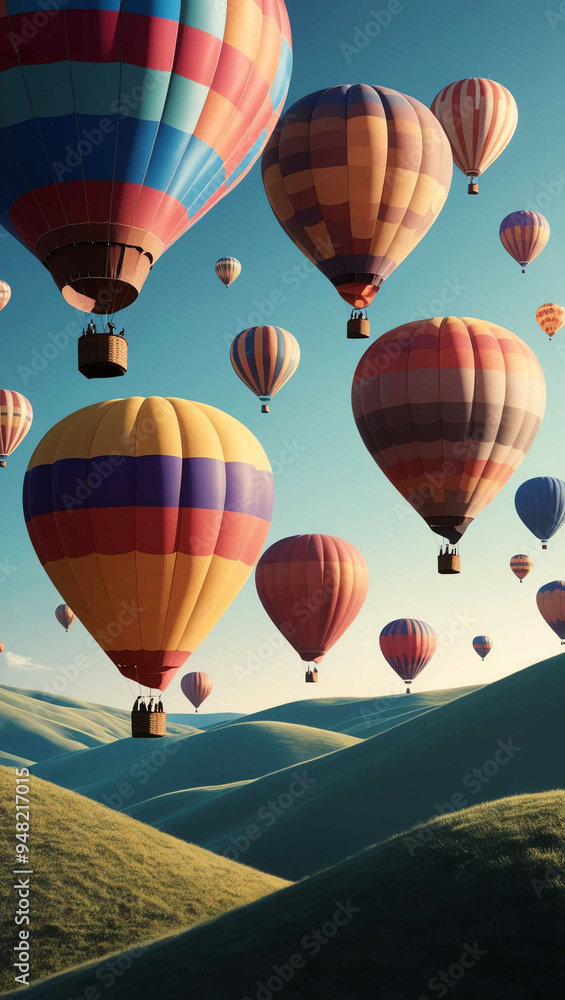colorful hot air balloons floating over hills background art design backdrop