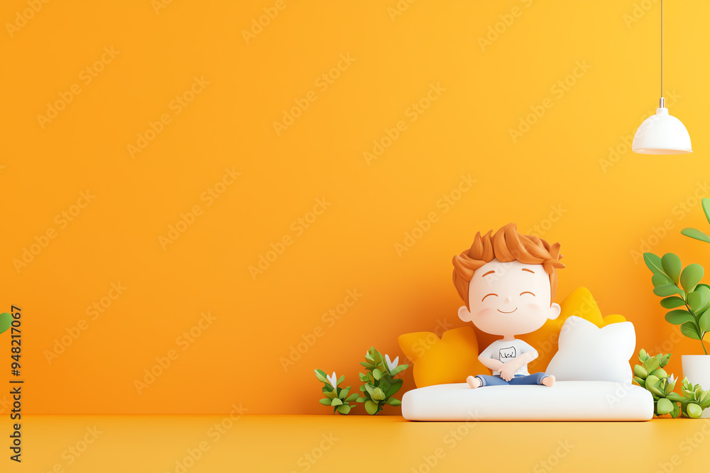A cheerful cartoon boy relaxing on a cozy sofa in a bright, sunny room, surrounded by plants and cushions. A cheerful cartoon boy relaxing on a cozy sofa in a bright, sunny room, surrounded by plants and cushions.