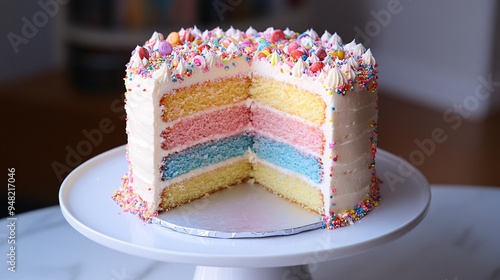 Rainbow-layered birthday cake with a surprise candy filling