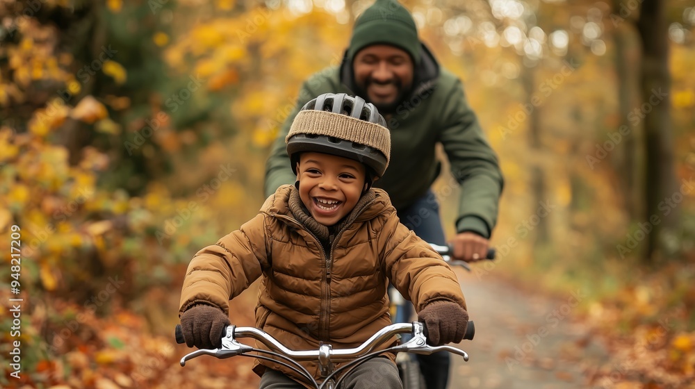 Fototapeta premium Joyful Father and Son Riding Bike on Autumn Forest Path