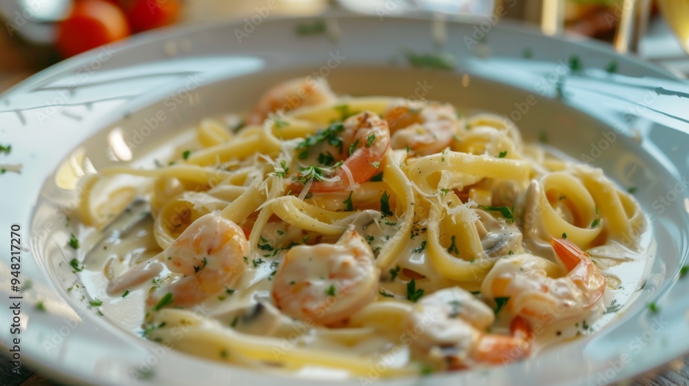 This image features a delicious plate of Shrimp Alfredo pasta, showcasing creamy sauce, tender shrimp, and a sprinkle of fresh parsley for garnish, perfectly plated for a meal. This image features a delicious plate of Shrimp Alfredo pasta, showcasing creamy sauce, tender shrimp, and a sprinkle of fresh parsley for garnish, perfectly plated for a meal.