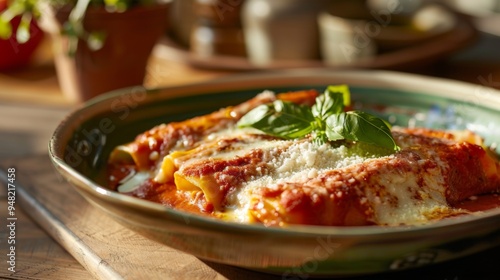 This image features a close-up of delicious baked cannelloni pasta topped with rich tomato sauce, melted cheese, and fresh basil leaves, served on a decorative plate.