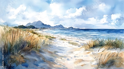 A serene watercolor painting of a beach, featuring grassy dunes and the gentle ocean.