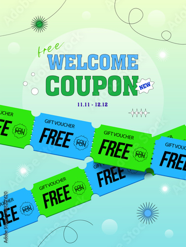 3d chains of coupon with coupon code in blue and green, isolated on background. 3d coupon chain. Unlimited welcome gift voucher giveaway popup banner template. 3d vector illustration. Vector