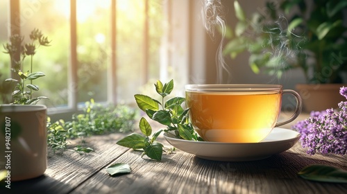 Aromatic Organic Herbal Tea in Steaming Cup with Fresh Herbs, 3D Render Illustration for Health and Wellness Concepts