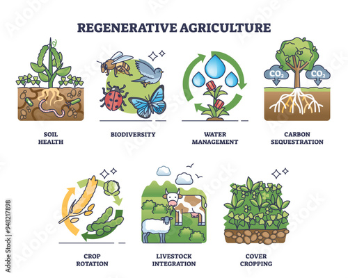 Regenerative agriculture and sustainable farming practices outline collection. Labeled elements with crop rotation for health, biodiversity, water management and CO2 sequestration vector illustration