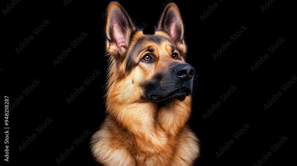 A majestic German Shepherd with a focused gaze, showcasing its noble appearance against a dark background.