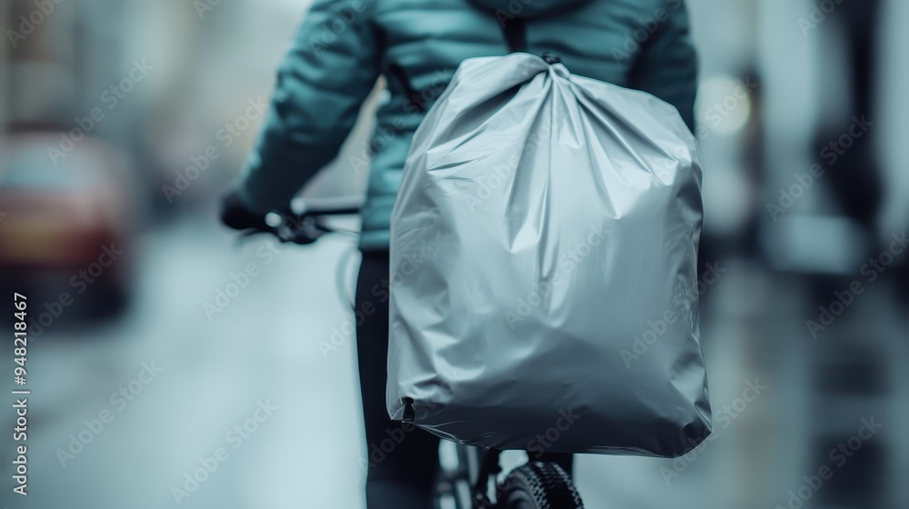 Obraz premium A focused rear view of a cyclist in a heavy jacket and carrying a large gray bag while riding through a city street on a damp rainy day, emphasizing perseverance and endurance.