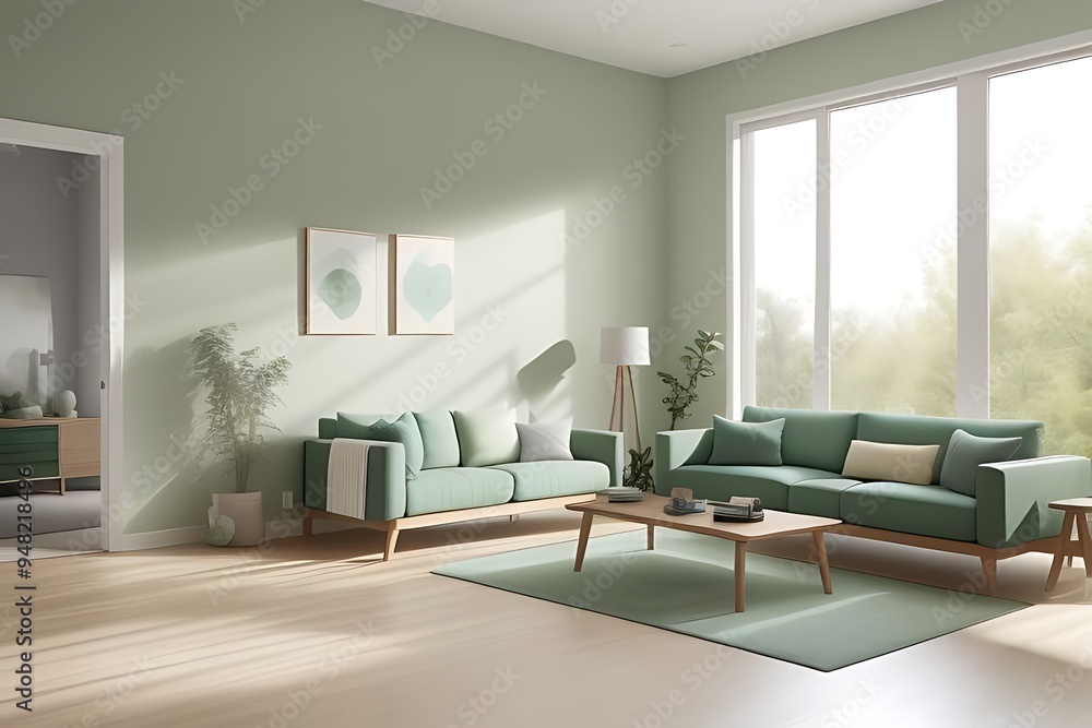 Fototapeta premium Modern living room with green worn-effect wall.