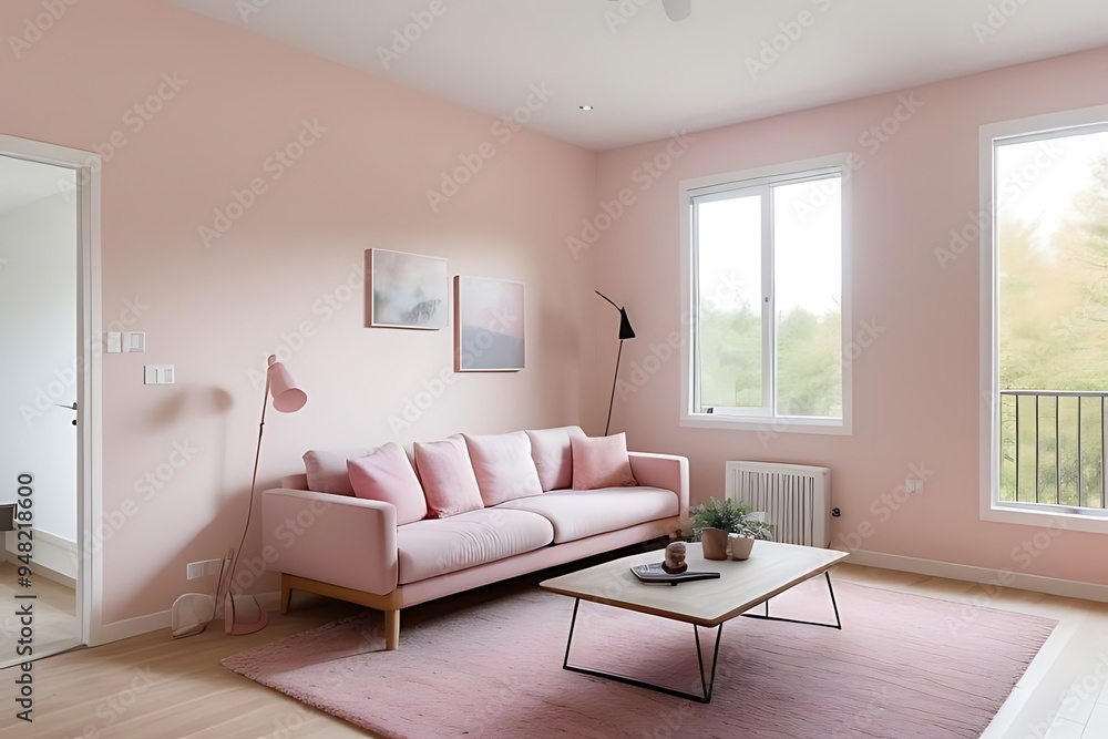 Fototapeta premium Modern living room with pink worn-effect wall.