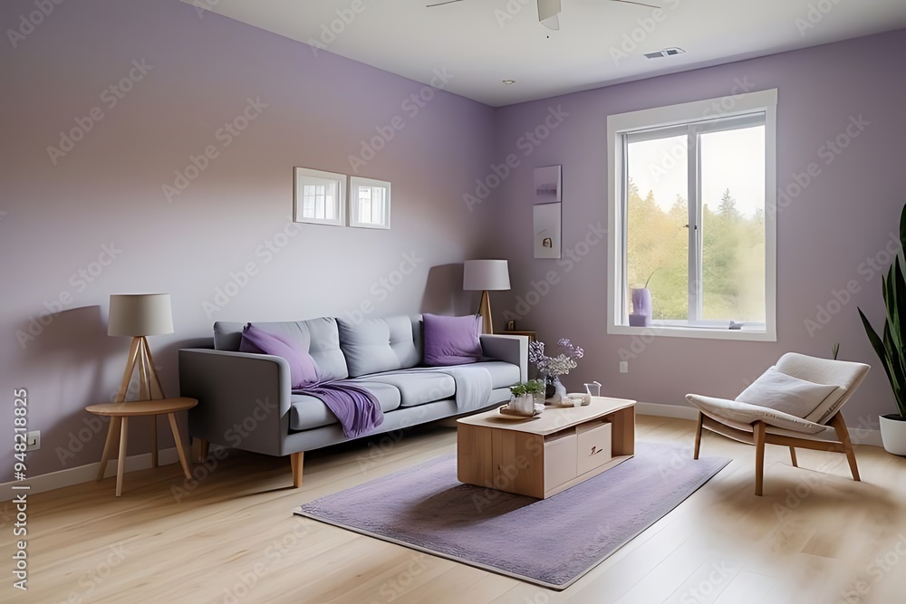 Fototapeta premium Modern living room with purple worn-effect wall.
