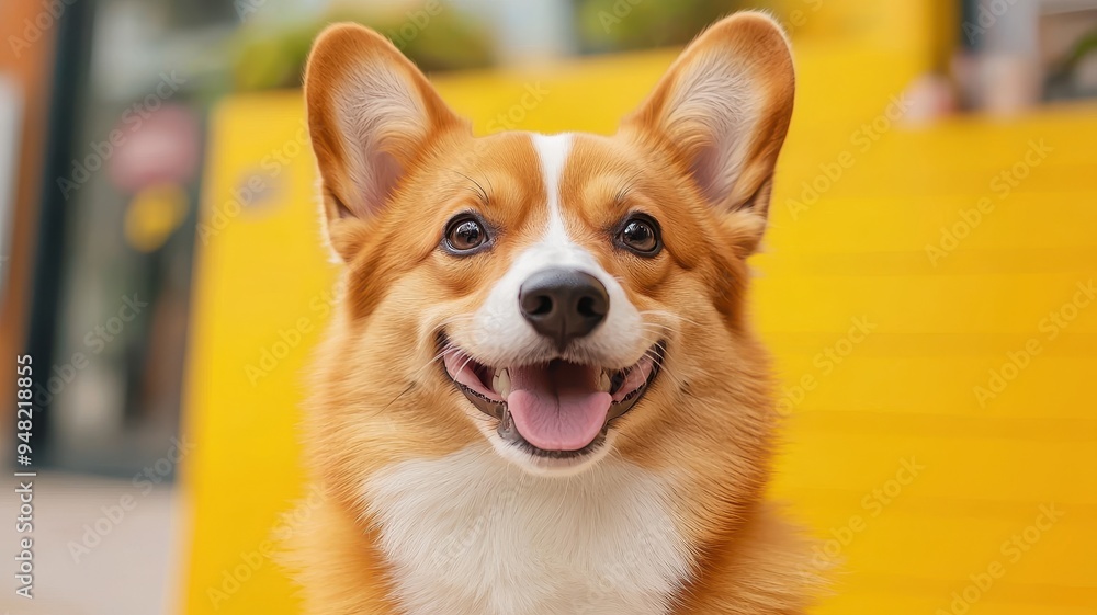 Cute corgi with a bright smile against a vibrant yellow background, showcasing a playful and cheerful personality. Cute corgi with a bright smile against a vibrant yellow background, showcasing a playful and cheerful personality.