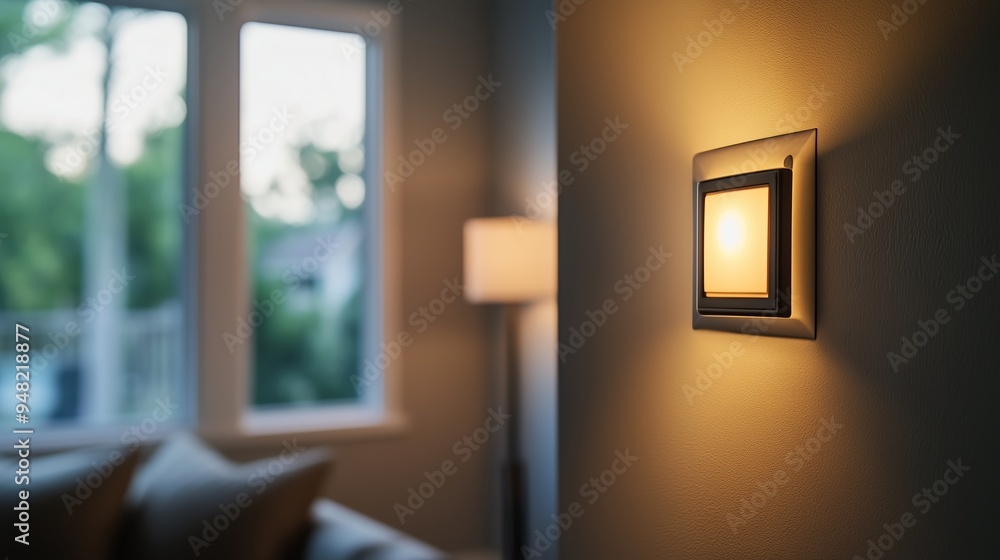 Warm evening light from a wall lamp in a cozy living room during twilight hours Warm evening light from a wall lamp in a cozy living room during twilight hours
