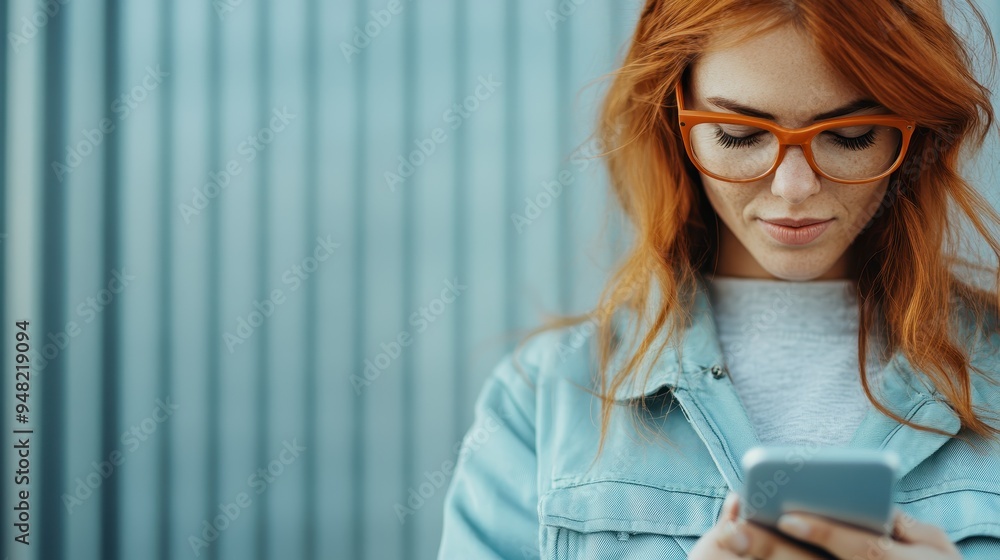 A woman with red hair and orange glasses is engrossed in her phone, standing in front of a blue backdrop, showcasing technology and fashion integration. A woman with red hair and orange glasses is engrossed in her phone, standing in front of a blue backdrop, showcasing technology and fashion integration.
