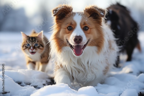 Cat of New Scotland and a dog retriever playing in a fun way on the white surfac, generative IA photo