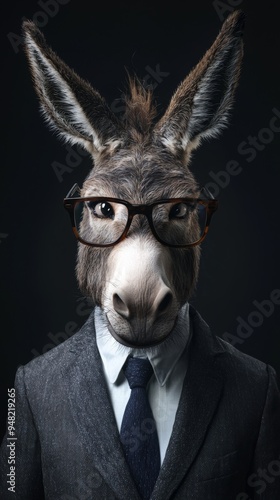 A donkey, elegantly dressed in a suit and tie, is wearing glasses