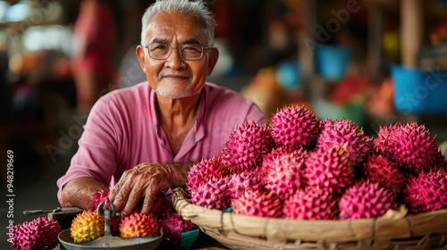 An elderly man with a kind smile is selling vibrant, spiked fruits at a busy market stall, exuding warmth and tradition in a colorful and bustling setting. photo