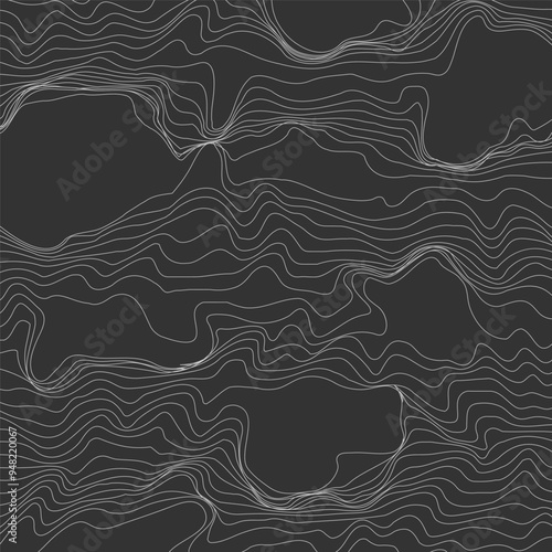 Abstract pattern of curved lines on a black background. The pattern of spreading water with islands. The concept of technology, science, sound propagation, landscape change, illusion and hallucination