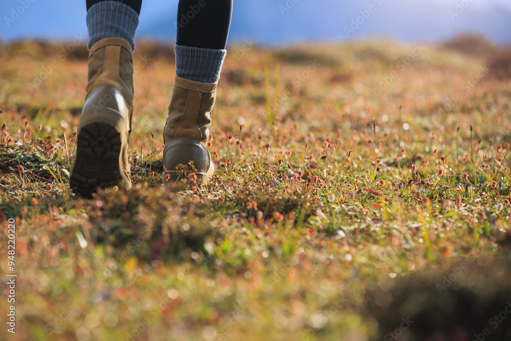 Hiker legs wearing leather boots hiking on high altitude mountain top Hiker legs wearing leather boots hiking on high altitude mountain top