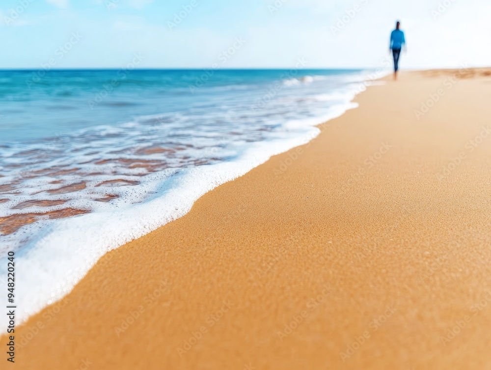 tranquil beach scene with foamy waves and a solitary figure walking in the distance - seascape, relaxation, coastal serenity, oceanfront, vacation tranquil beach scene with foamy waves and a solitary figure walking in the distance - seascape, relaxation, coastal serenity, oceanfront, vacation