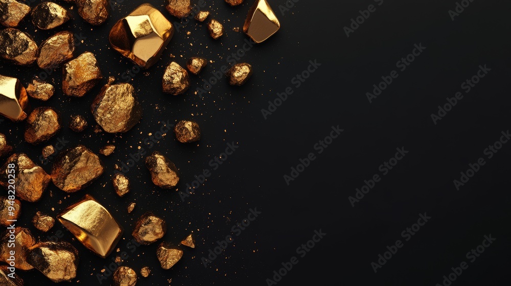A cluster of gold nuggets in a dark background symbolizes wealth and natural resources. A cluster of gold nuggets in a dark background symbolizes wealth and natural resources.