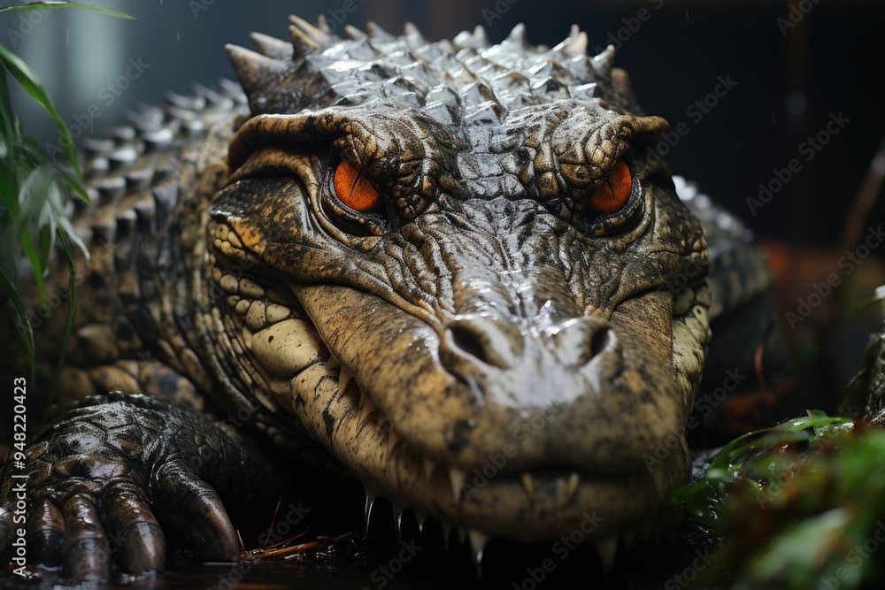 Wild alligator resting in the African swamp generated by AI, generative IA Wild alligator resting in the African swamp generated by AI, generative IA