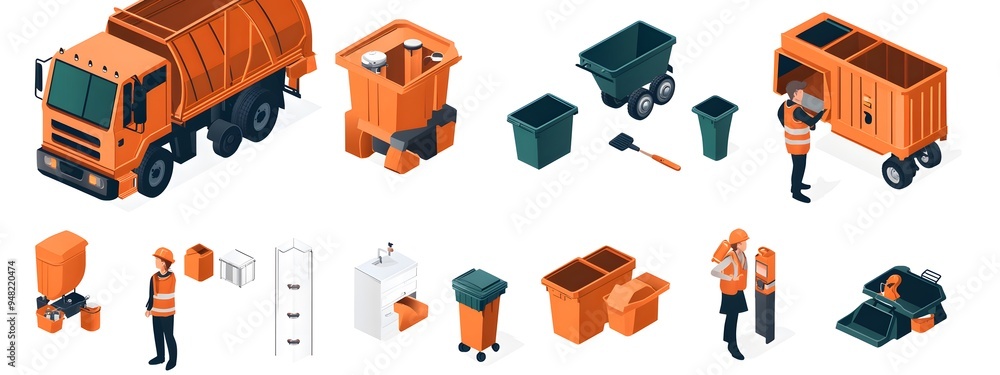 A set of orange and green icons representing garbage collection. Vector ...