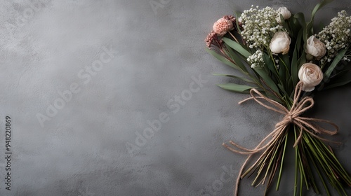 A delicate bouquet of white and pink flowers, elegantly tied with rustic rope, resting on a concrete background, embodying simplicity, beauty, and charm, perfect for gifting. photo