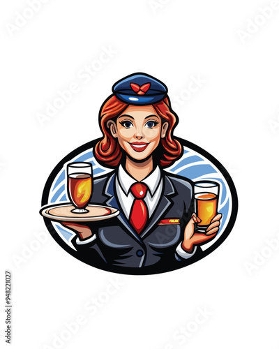 A realistic vector illustration of a flight attendant in a blue uniform, red tie, and a blue hat with a red badge. She is smiling and holding a tray with two glasses of orange juice.