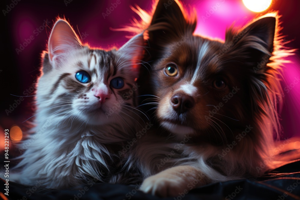 Beautiful pet portrait of a small dog and cat, generative IA Beautiful pet portrait of a small dog and cat, generative IA