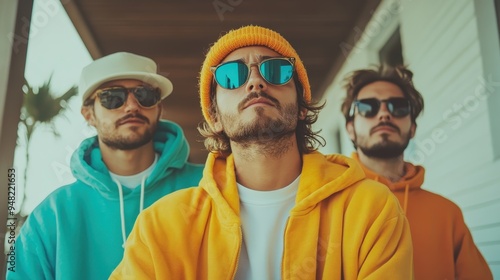 Three friends wearing colorful hoodies and sunglasses pose together outdoors, showcasing their strong bond, trendy fashion sense, and laid-back attitude.