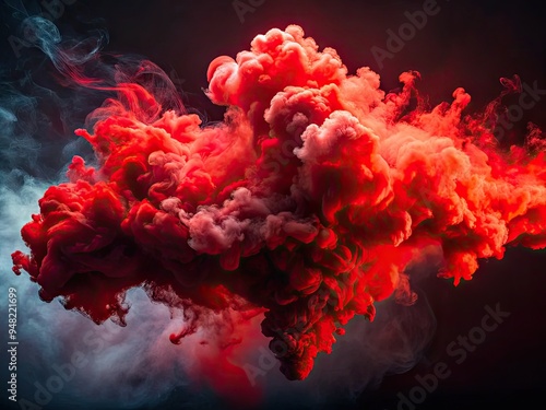 Vibrant red smoke billows upwards, swirling in abstract patterns against a dark, mysterious black studio background, evoking drama and intensity in this high-contrast image.