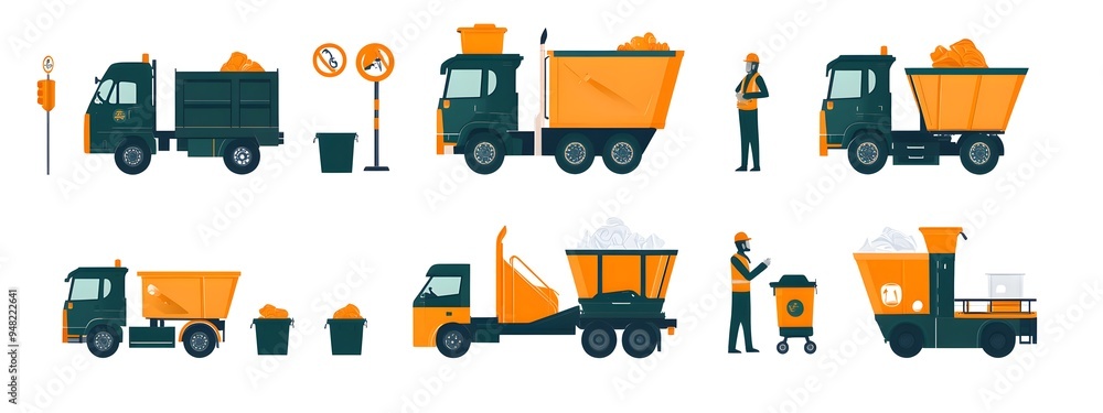 A set of orange and green icons representing garbage collection. Vector ...