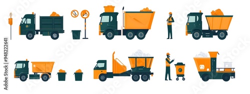 A set of orange and green icons representing garbage collection. Vector graphics on a white background depict an orange truck with trash cans in the back, a man wearing a uniform carrying