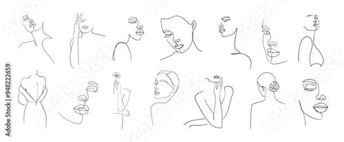 Set of abstract portrait in one line style. Woman beauty fashion concept. - Vector illustration