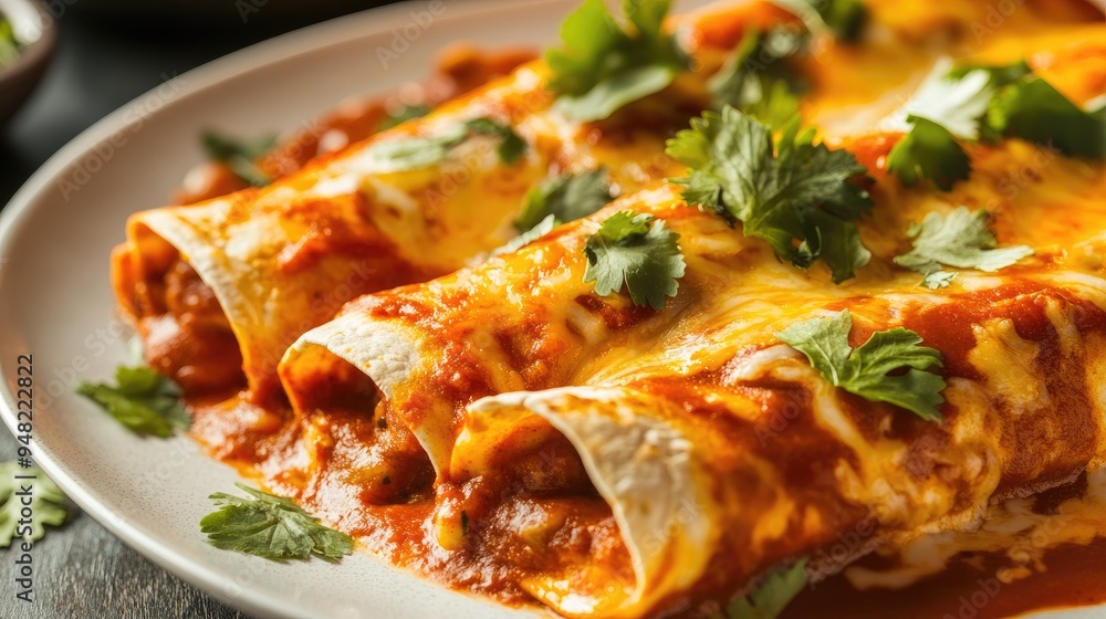 Close-up of cheesy enchiladas topped with red sauce and garnished with fresh cilantro, served on a white plate. Close-up of cheesy enchiladas topped with red sauce and garnished with fresh cilantro, served on a white plate.