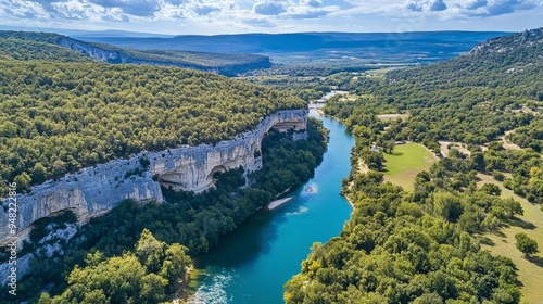 An aerial view of the Ardeche Gorges (Gorges de l'Ardeche), Ardeche, Auvergne-Rhone-Alpes, France, Europe